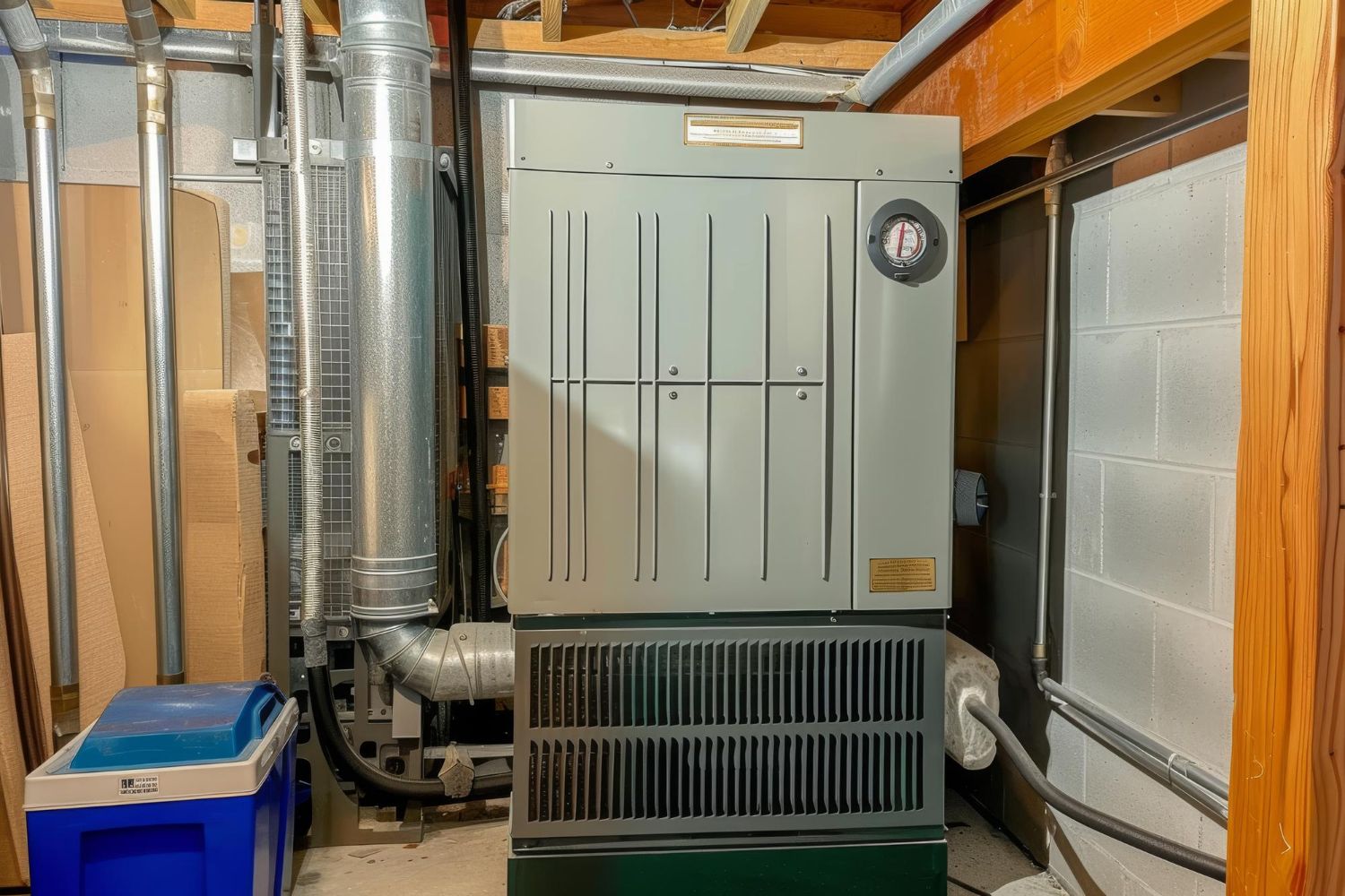 Furnace unit in a basement, with ventilation pipes and nearby walls.