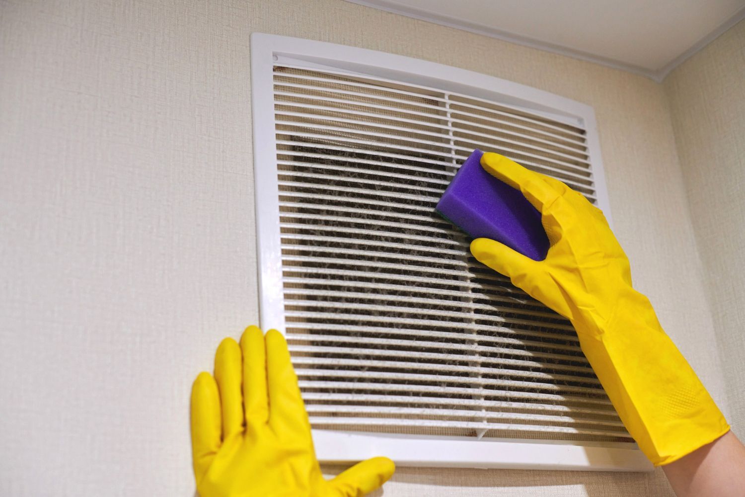 Gloved hands cleaning a dirty air vent with a sponge. The vent is white, and the sponge is purple.