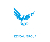 Un logotipo para un grupo médico con un pájaro azul sobre un fondo blanco.