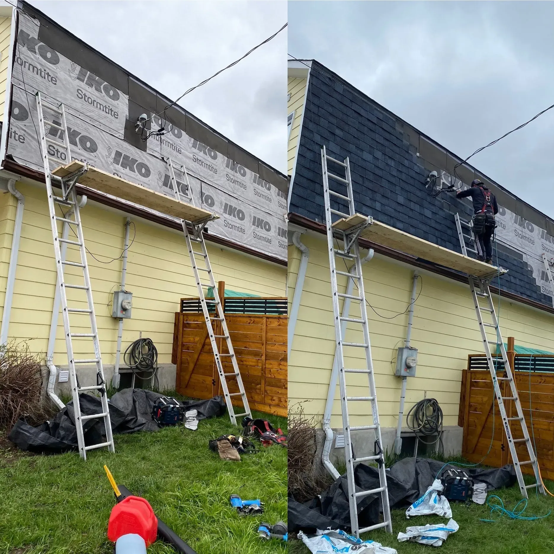 Un homme se tient debout sur une échelle sur le côté d'un immeuble.