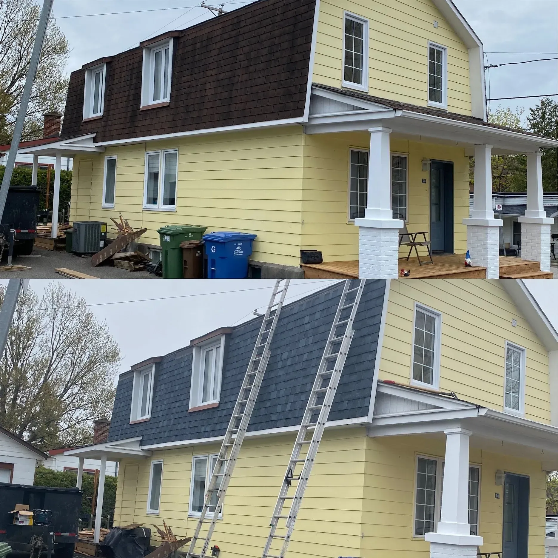 Une photo avant et après d'une maison jaune avec un toit noir.