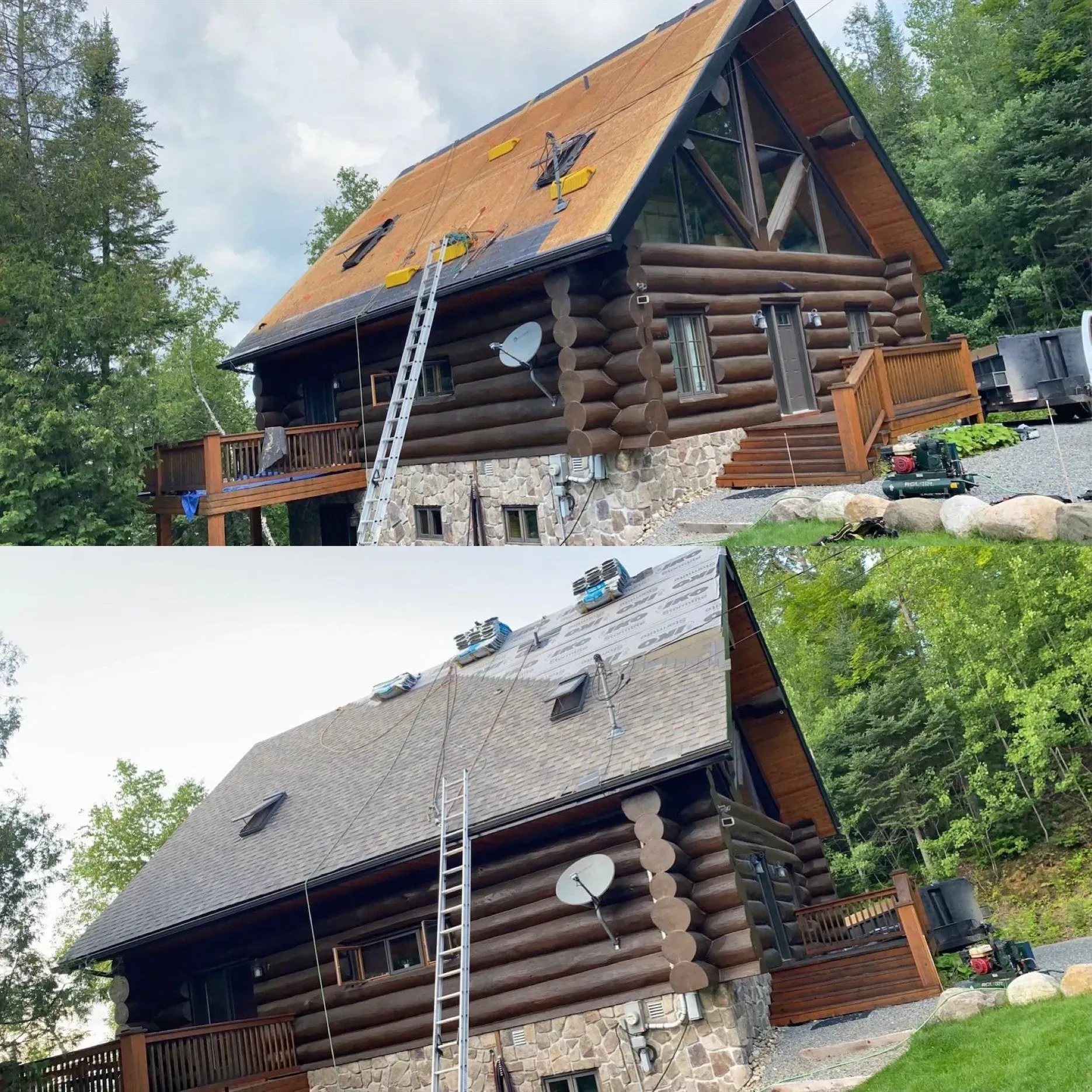 Une cabane en rondins est en cours de rénovation avec un nouveau toit.
