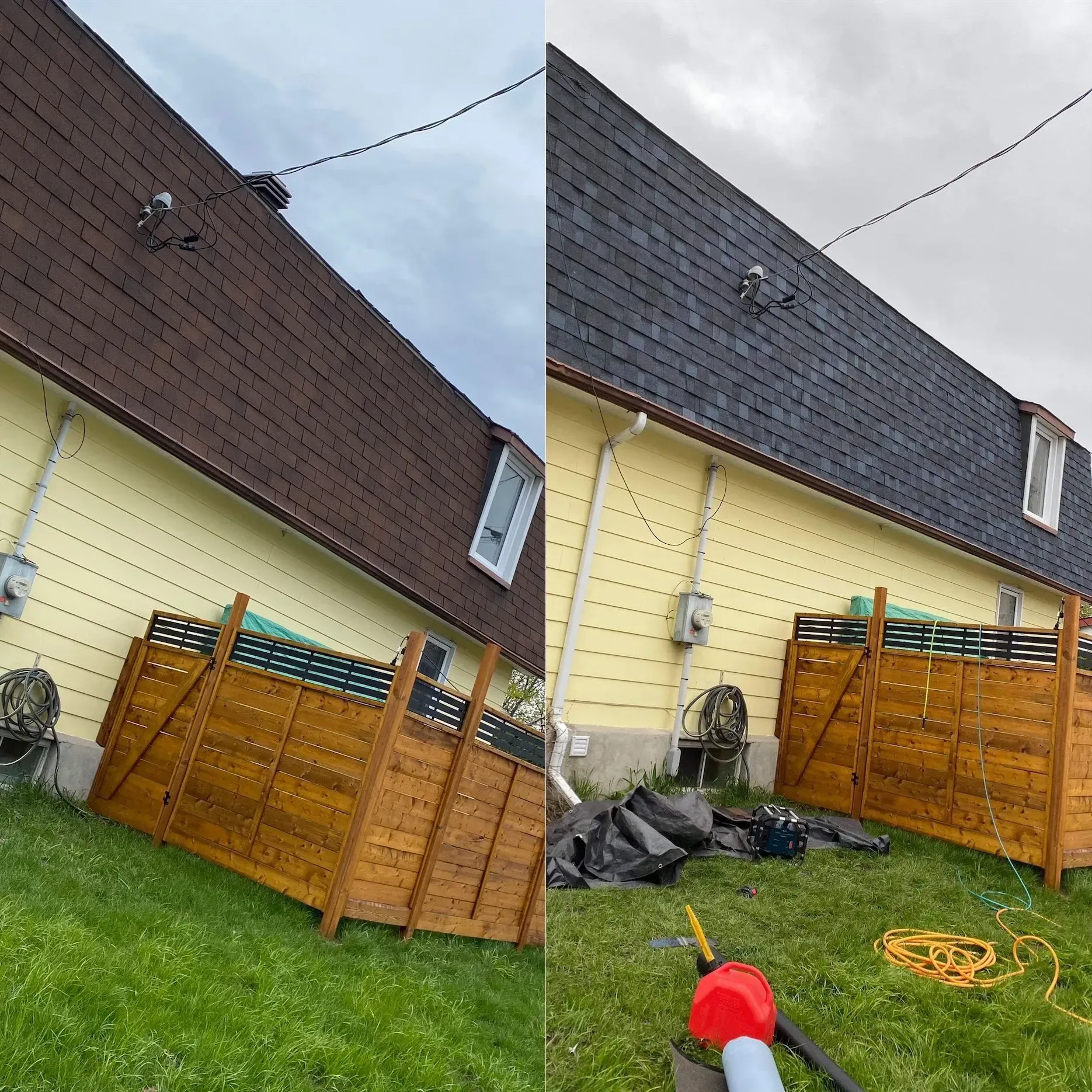Une photo avant et après d'une maison avec un toit en ardoise.