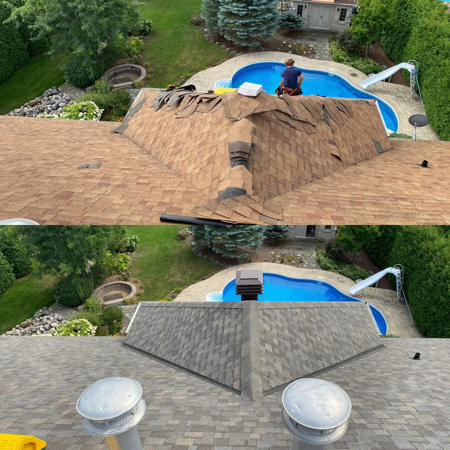 Un homme travaille sur le toit d'une maison à côté d'une piscine.