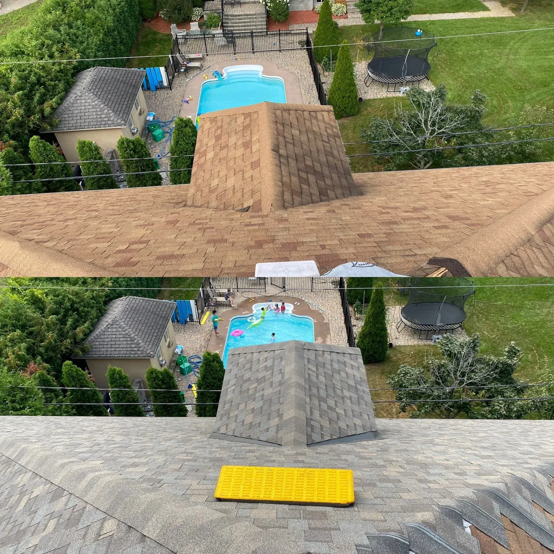 Une photo avant et après d'un toit avec une piscine en arrière-plan.