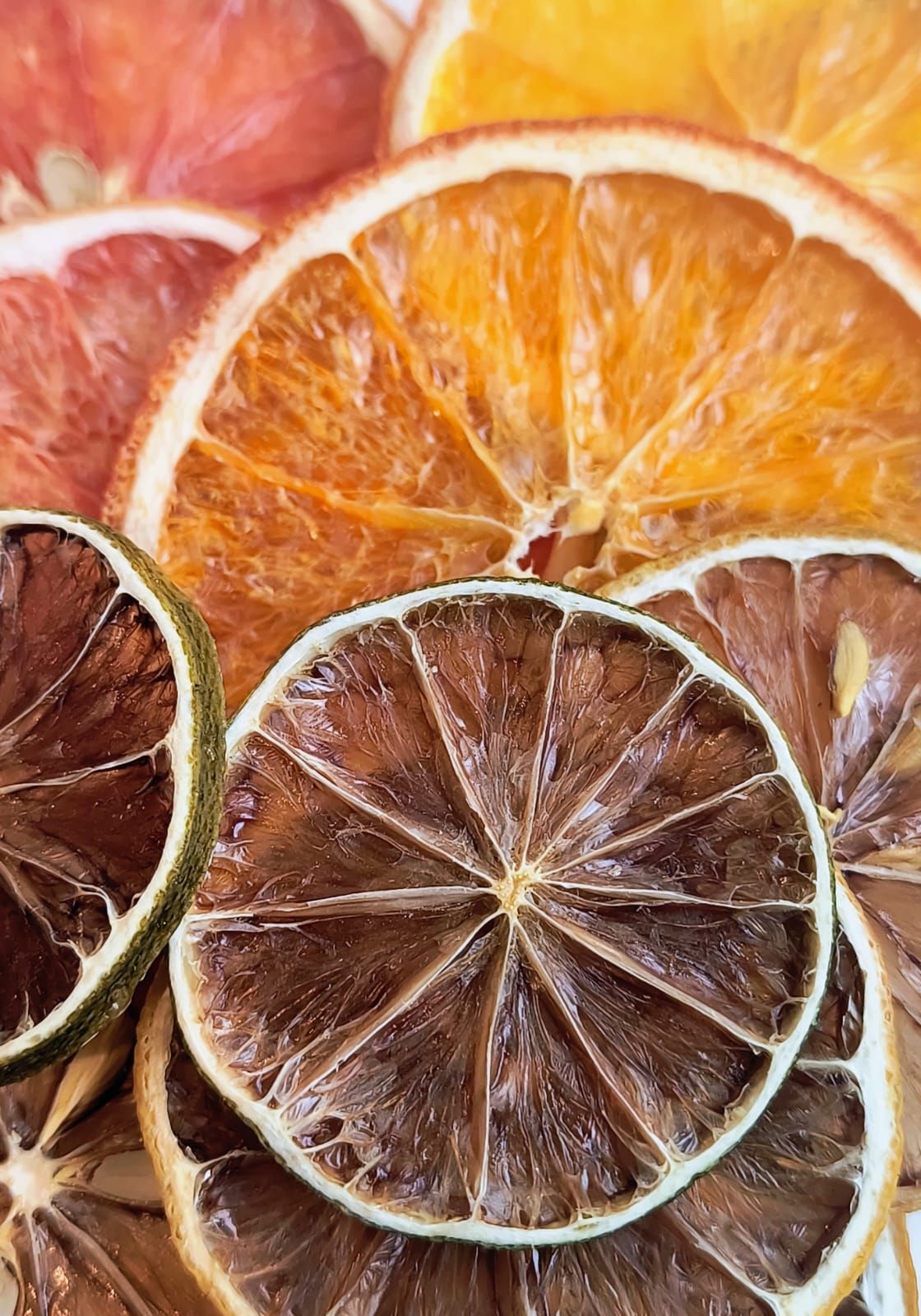 Rodajas de naranja y lima secas en una bolsa de plástico transparente con una pegatina con el logotipo.