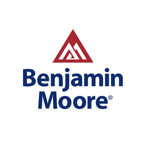 The logo for benjamin moore is blue and red with a triangle in the middle.