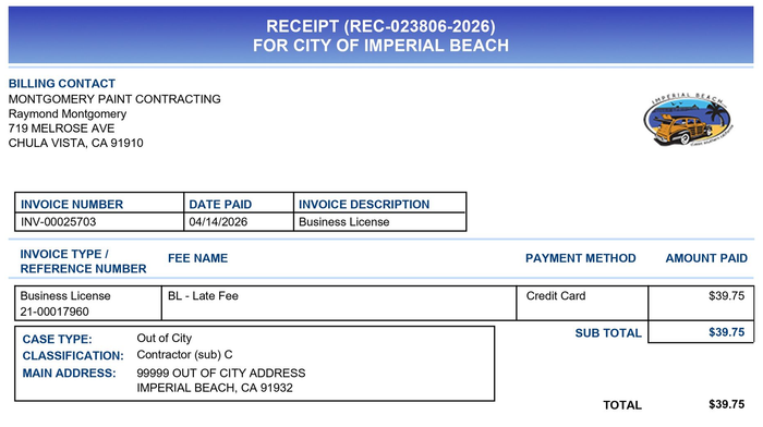 A business license certificate from the city of imperial beach , california.