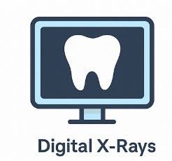 Digital x-ray graphic: a tooth displayed on a blue computer screen. Dark blue background and a white tooth.