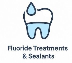 A tooth icon with a water droplet above and filled with blue liquid, indicating fluoride treatments and sealants.