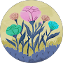 A painting of flowers in a circle on a white background.