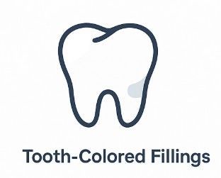 Tooth-colored tooth filling icon. Outlined blue tooth with a small grey filling.