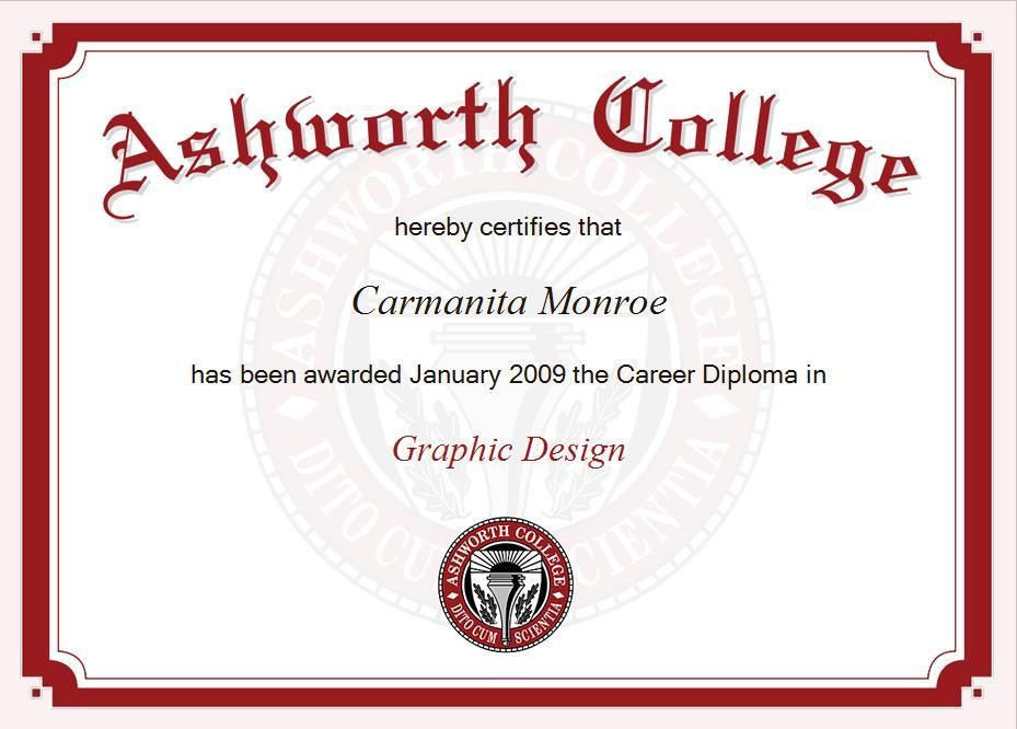 Carmanita Monroe Ashworth College Graphic Design Diploma Badge Bellbird SEO