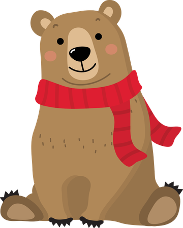 A brown bear wearing a red scarf around its neck