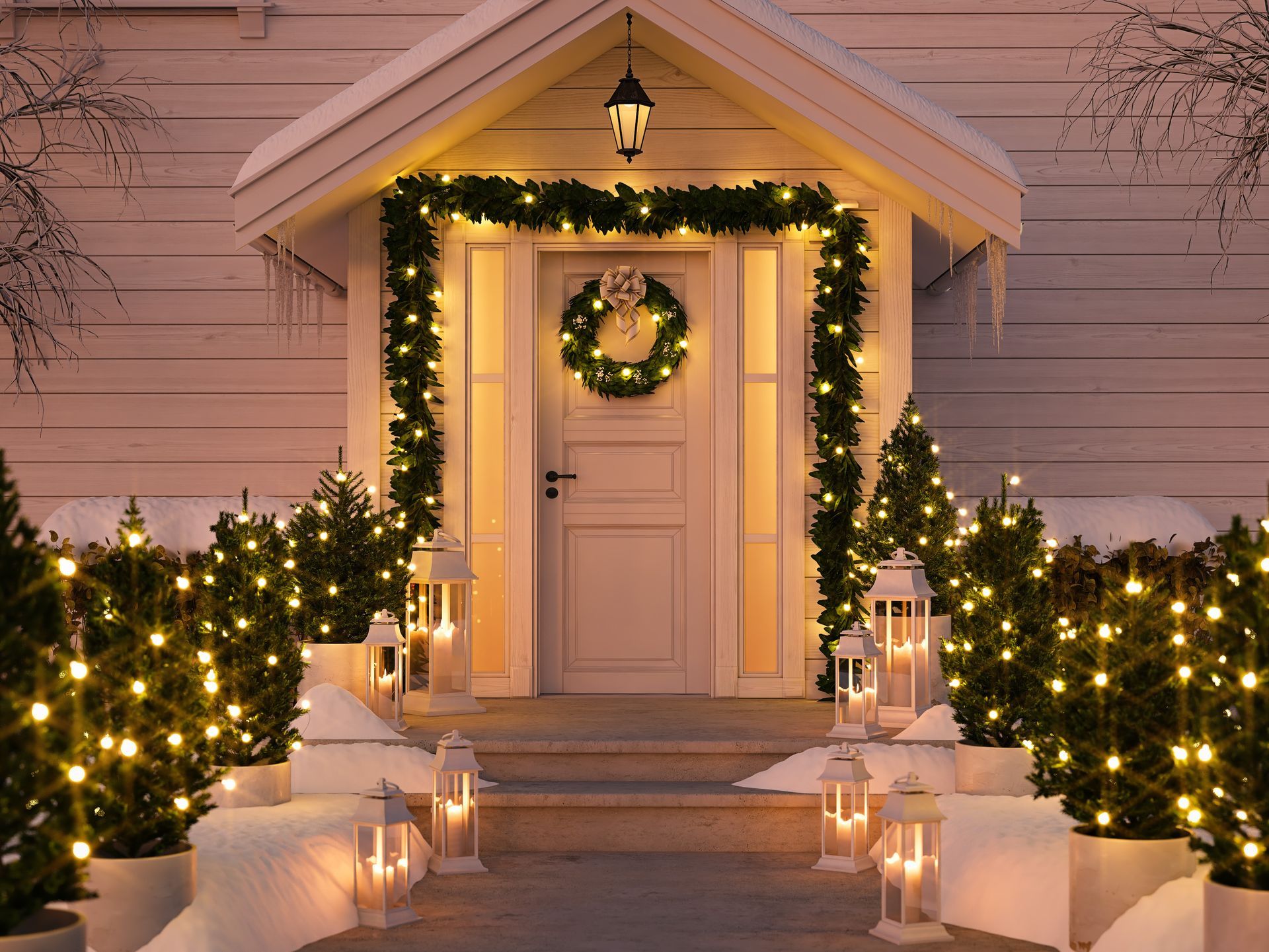 The front door of a house is decorated with christmas lights and a wreath.