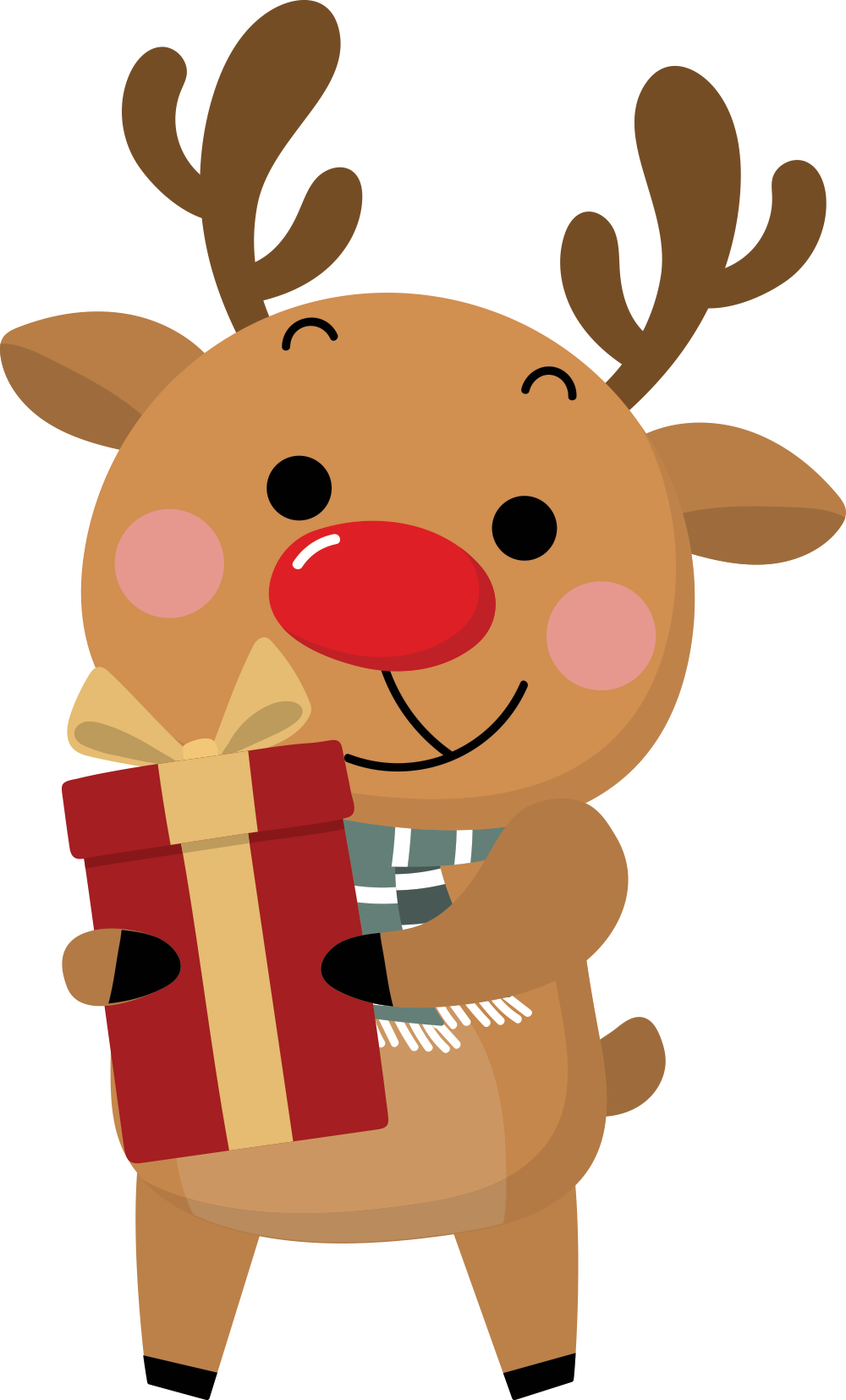 A cartoon reindeer is holding a gift box.
