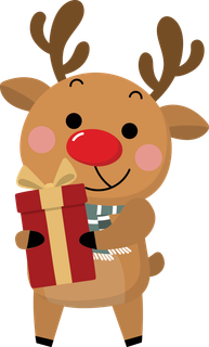 A cartoon reindeer is holding a gift box.