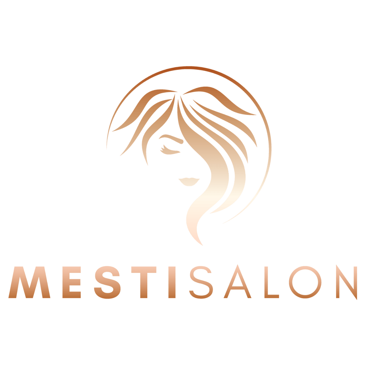 A logo for a Mesti hair salon with a woman 's face and hair in a circle.