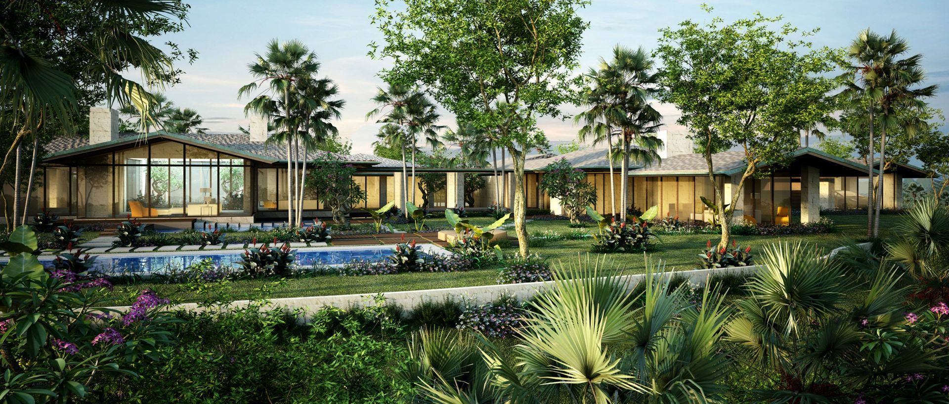 An artist 's impression of a house with a pool in the backyard surrounded by trees.