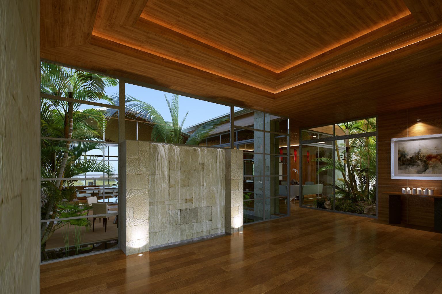 A large room with wooden floors and a wooden ceiling
