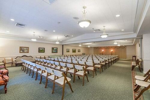 An empty room with rows of chairs, soft green carpet, and paintings on the wall.
