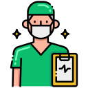 Cirujano con uniforme verde, gorra y mascarilla sosteniendo un portapapeles con una línea de ECG.