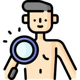 Persona examinándose el hombro con una lupa.