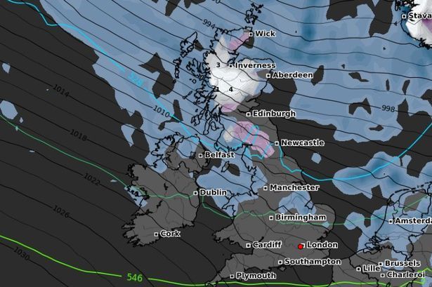 Weather map of the UK and Ireland showing snowfall in Scotland, Northern Ireland, and parts of England.