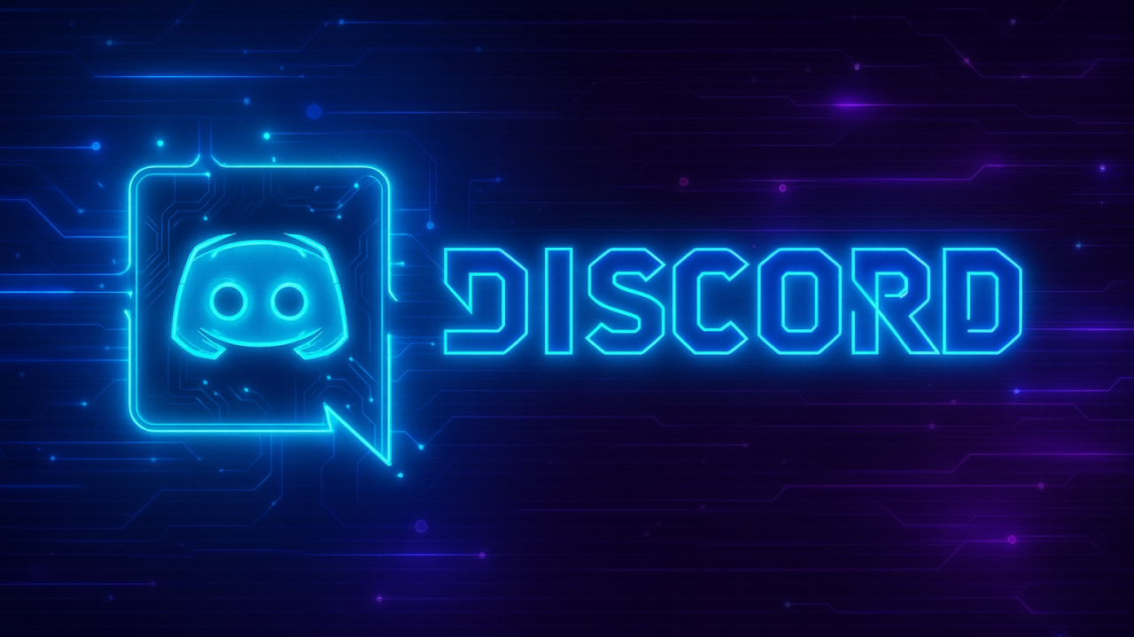 Neon blue Discord logo and text on a dark blue background with circuit lines.