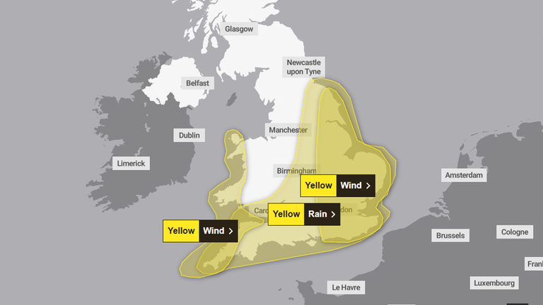 Yellow weather warnings map for wind and rain across parts of the UK.