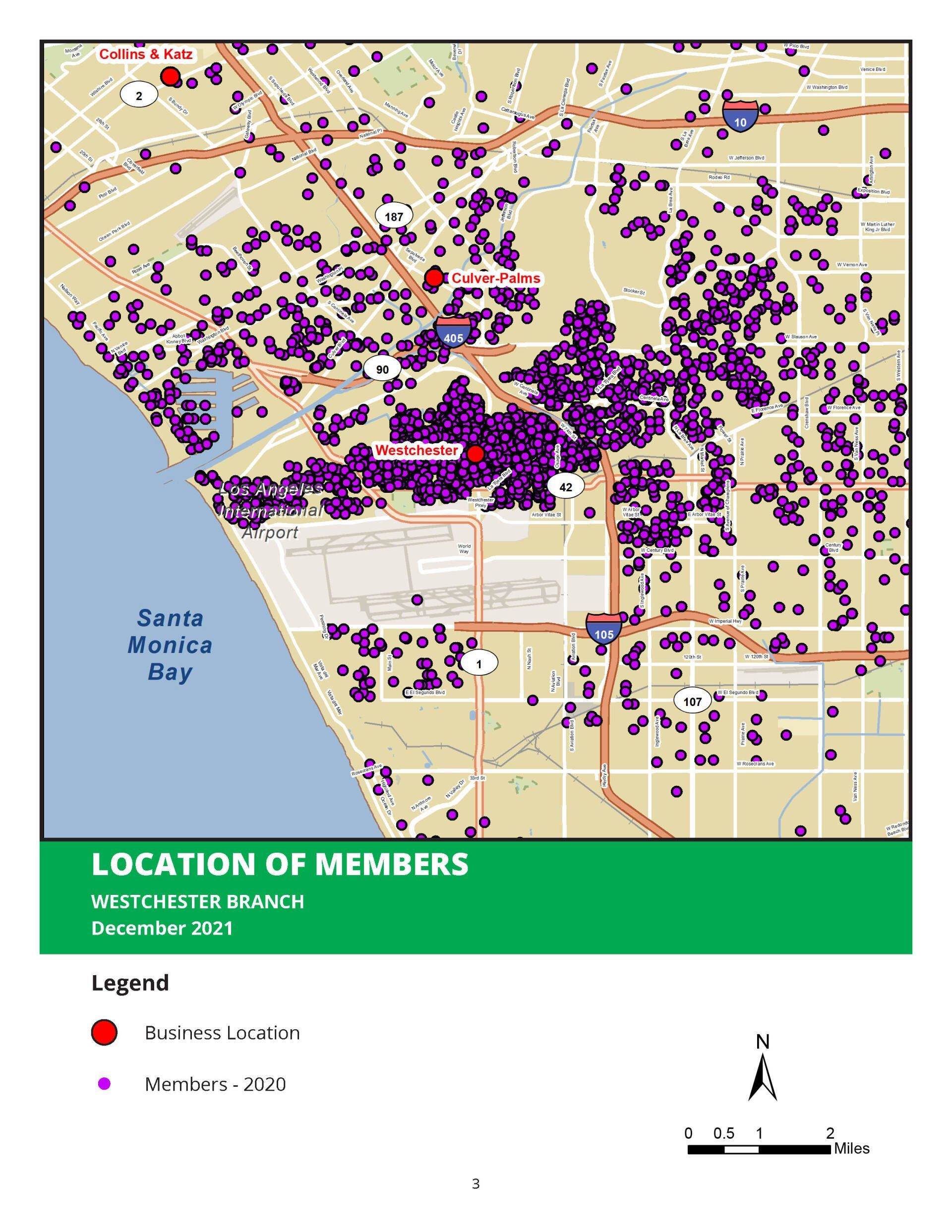 A map showing the location of members in a city