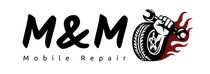 M&M Mobile Repair logo: Black text, tire with hand holding wrench, flames.