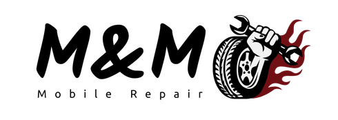 M&M Mobile Repair logo: Black text, tire with hand holding wrench, flames.