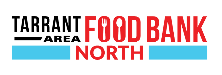 Logo for Tarrant Area Food Bank North with red text, a fork and spoon icon, and a light blue horizontal bar.