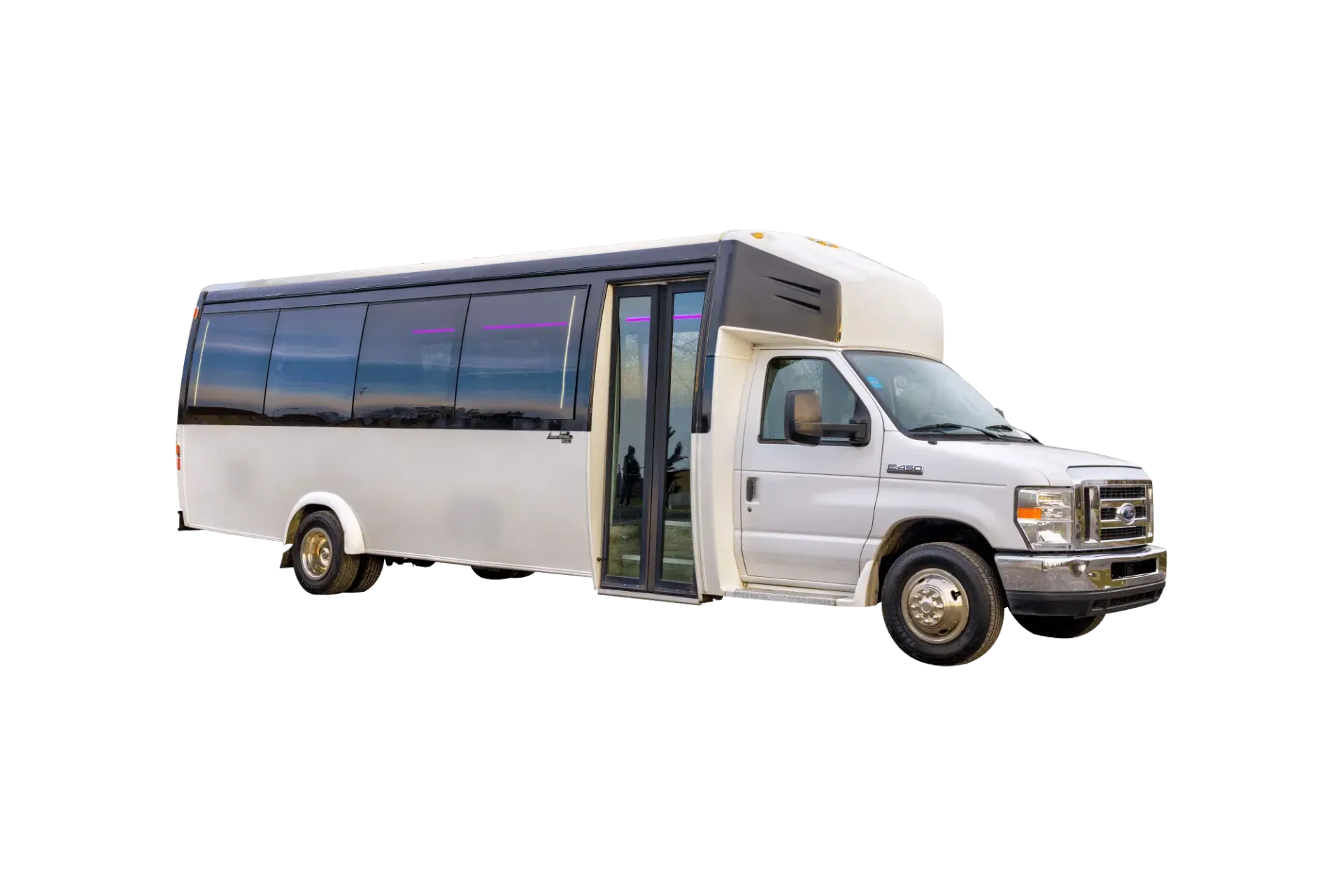 White passenger bus with tinted windows and open door, parked on a white background.