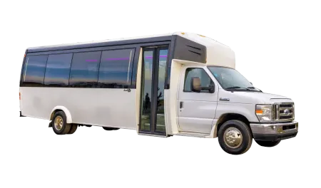 White party bus with tinted windows, open door, and parked on a white background.