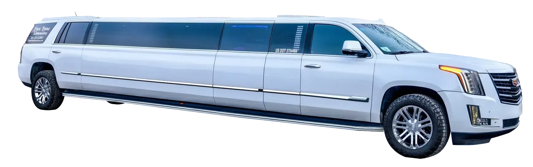 White Cadillac Escalade limousine.