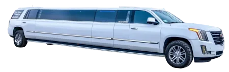 White Cadillac Escalade limousine parked, angled view.