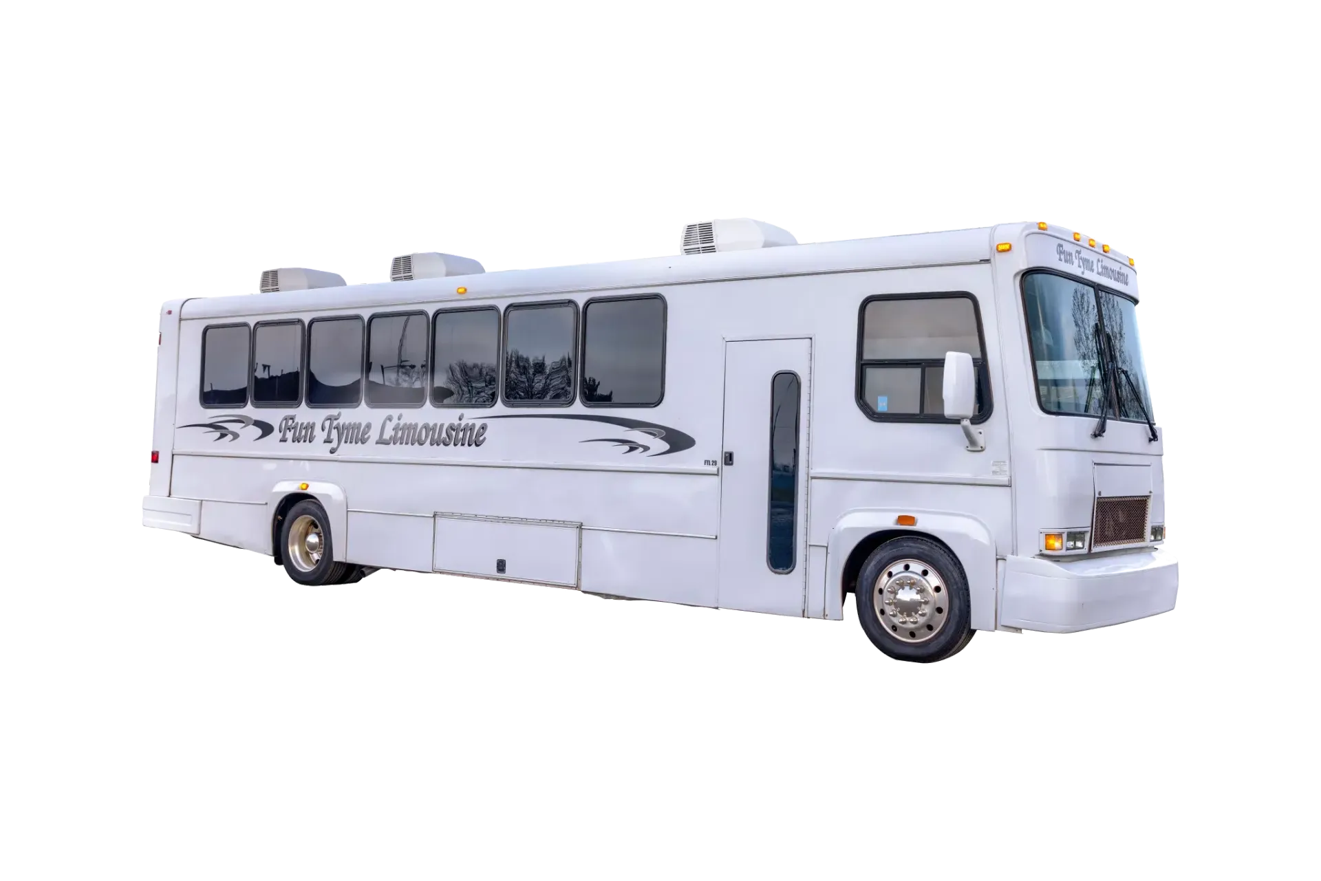 White party bus with tinted windows, parked on a white background.