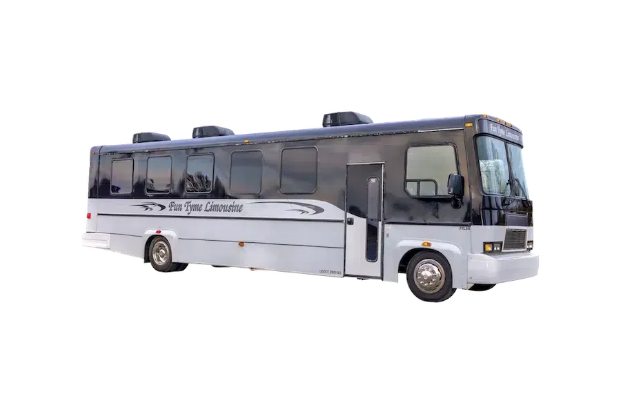 A silver and black luxury bus