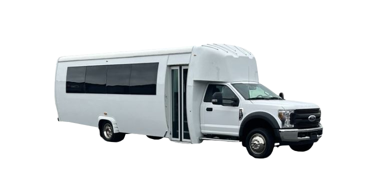 A white bus with tinted windows, the words 