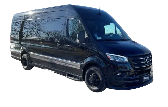 Black Mercedes-Benz Sprinter van with tinted windows, parked on a surface, facing right.