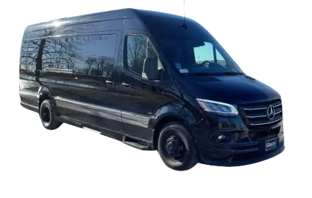 Black Mercedes-Benz Sprinter van, angled view, front corner visible, set against a white background.