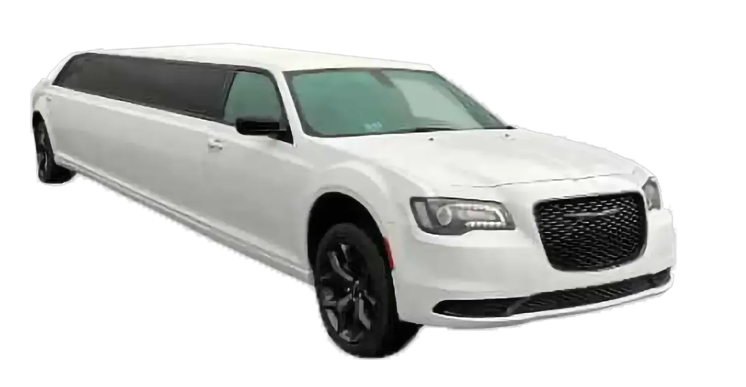 White Stretch Chrysler 300M limousine with blacked-out windows and wheels, angled from the front right.
