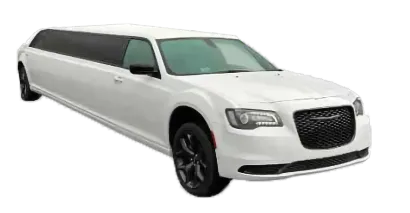 White limousine angled slightly to the right, against a white background. Black wheels and window tinting; black front grill.
