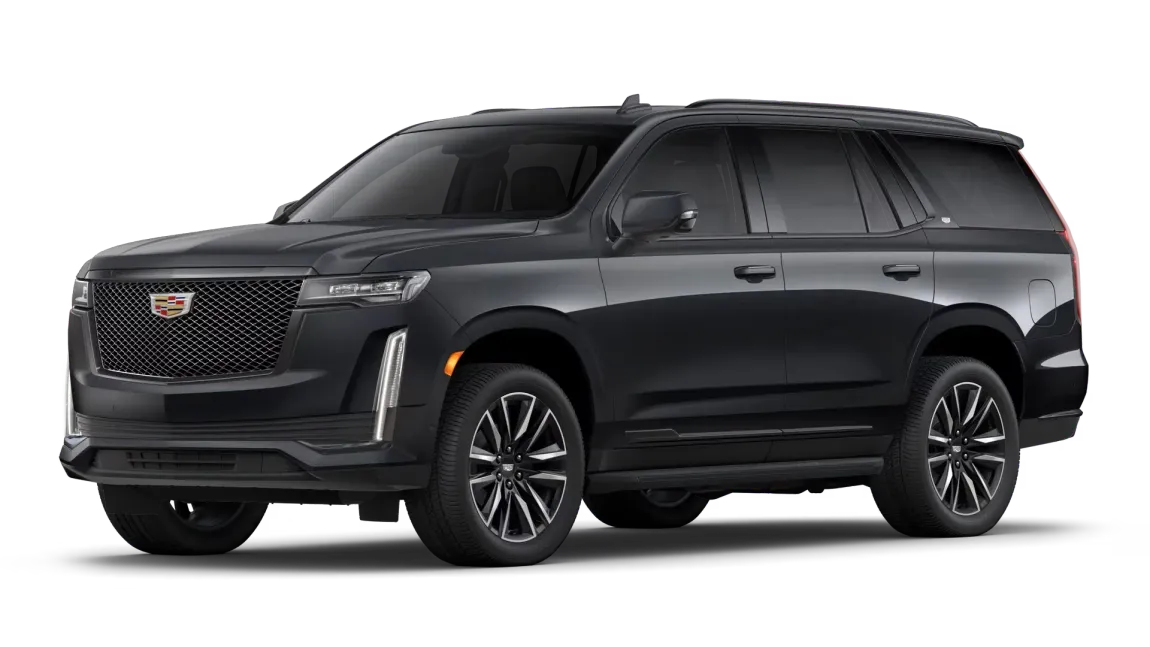 Black Cadillac Escalade SUV on a white background; front view, with a detailed grille and stylish black wheels.