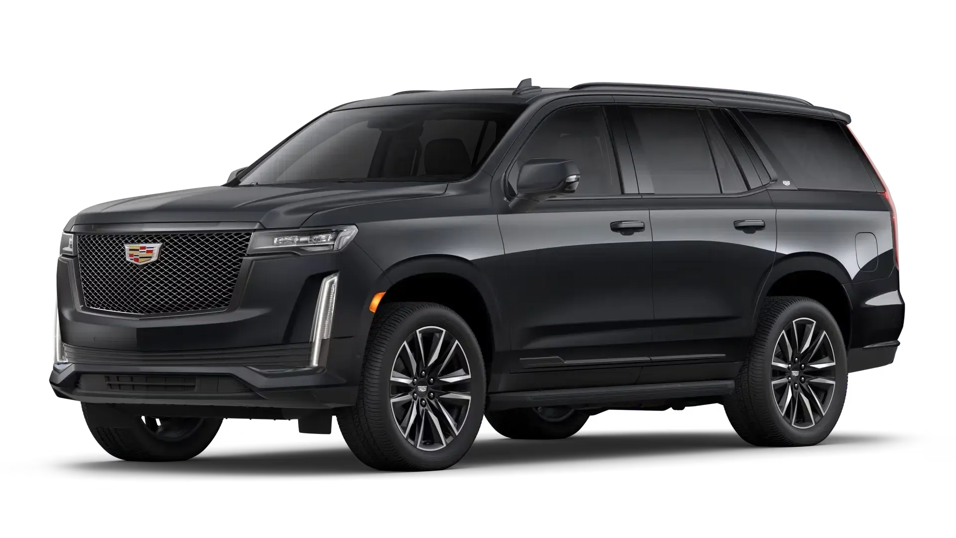 Black Cadillac Escalade SUV on a white background; front view, with a detailed grille and stylish black wheels.