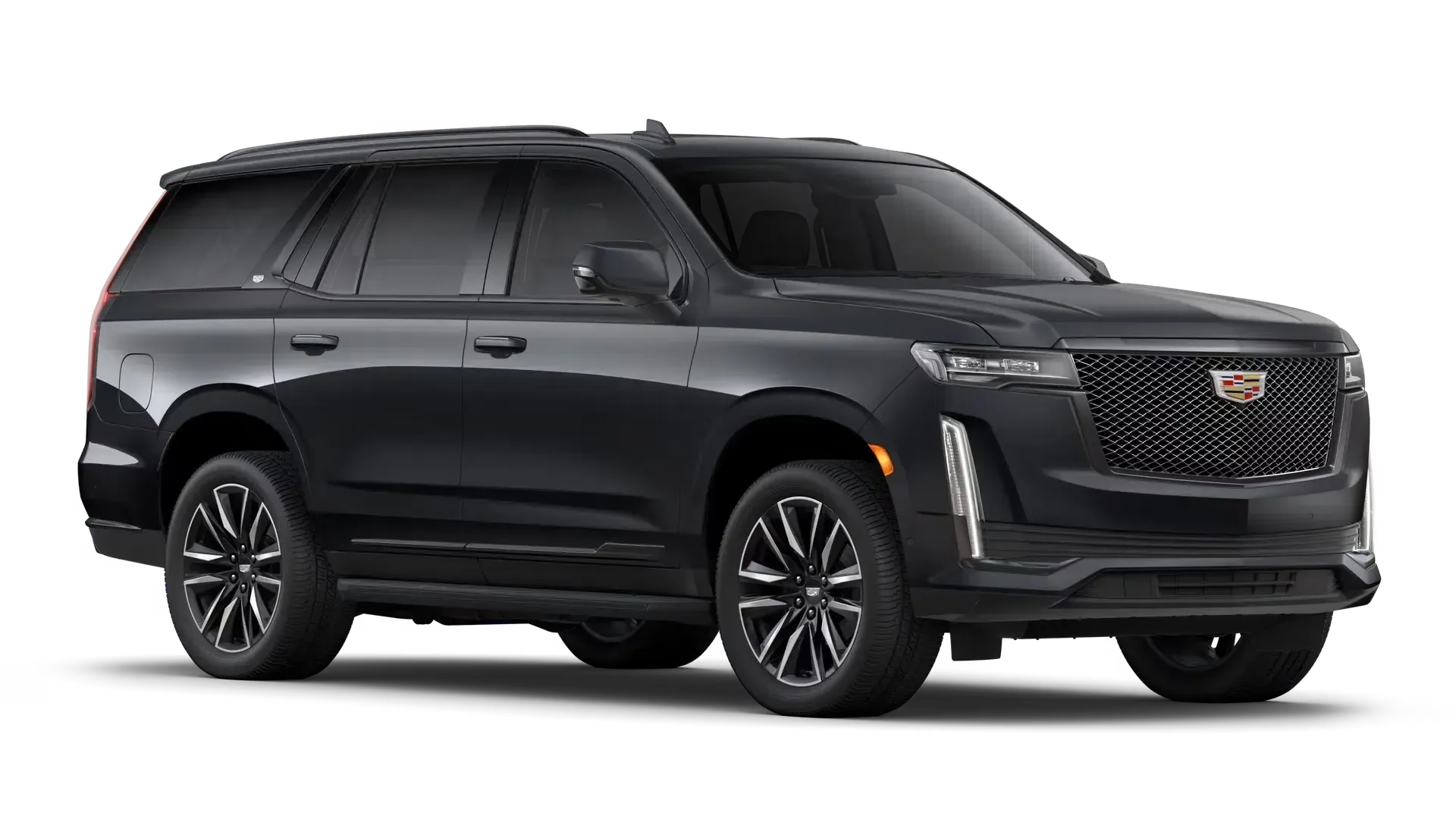 Black Cadillac Escalade SUV parked on a white background, showing the front and side profile.