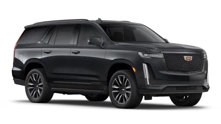 Black Cadillac Escalade SUV parked at an angle, showing front and side view, with chrome accents and silver wheels.