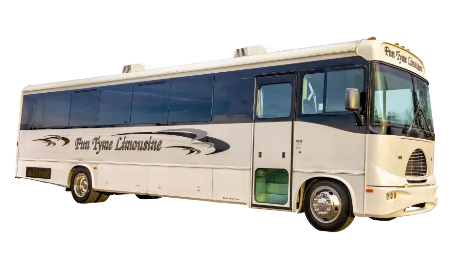 A white bus with tinted windows, the words 